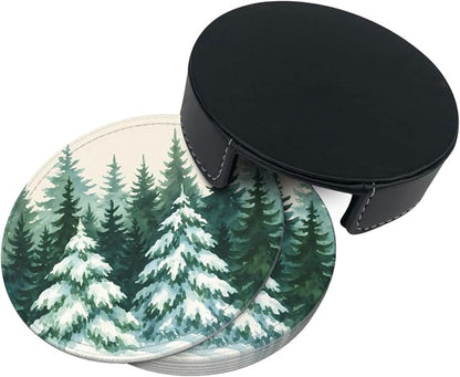 Winter Snow Scene Forest Green Christmas Tree Coasters - Image 7
