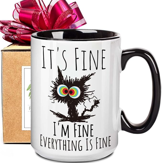 FALJIOK I'm Fine Everything is Fine Coffee Mug 15oz Funny Sarcastic Cat Mug by FALJIOK