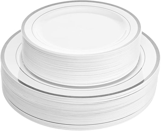 Aya's 100 Silver Rimmed Disposable Plates Set, Heavy Duty - 50 Dinner and 50 Dessert Plastic Plates for Party - Elegant White and Silver Design, Durable Tableware for Weddings, Events and Celebrations