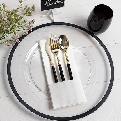 PARTY BARGAINS 13-Inch Charger Plates - 96 Pack, Clear Black Rim, Heavy-Duty Disposable Chargers for Elegant Dining - Ideal for Weddings and Formal Events