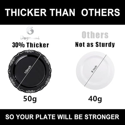 DaYammi 60PCS Black and Silver Plastic Plates, Heavy Duty Black and Silver Disposable Plates Premium 10inch Dinner Plate Hard Plastic Plate Disposable for Party and Wedding