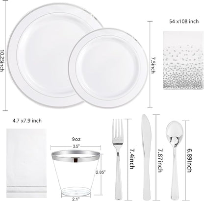 GATHER 176 Pieces Silver Plates - Disposable Silver Plastic Plates Includes 50 Plates, 75 Silverware, 25 Napkins, 25 Silver Rimmed Cups and 1 Tablecloth Perfect for Party & Weding