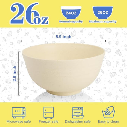 Wheat Straw Bowls Set of 6, 26 OZ Unbreakable Cereal Bowls, Reusable Plastic Bowls for Camping, Dorm, RV, Picnic, Lightweight Salad Soup Bowls, Microwave & Dishwasher Safe, Beige