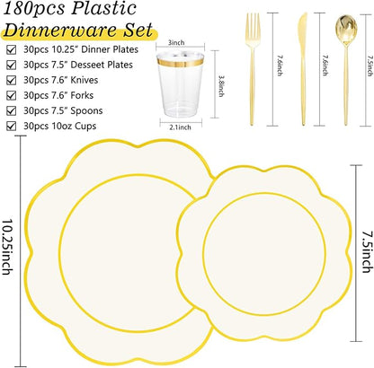 EI 180pcs Beige Plastic Plates with Gold Plastic Silverware,Heavy-Duty Disposable Plates for Party,White Dinnerware Set for 30 Guest Wedding,Afternoon Tea,Spring,Valentine's Day,Easter