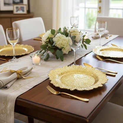 LOYALHEARTDY 24 Pack 13 Inch Gold Charger Plates, Plastic Reef Textured Rim Round Decorative Underplates for Wedding, Party, Dinner Table