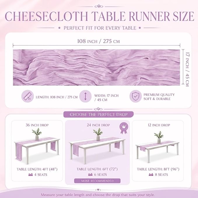2 Pack Lavender Cheesecloth Table Runner 17x108 Inch Boho Rustic Semi Sheer - Image 3