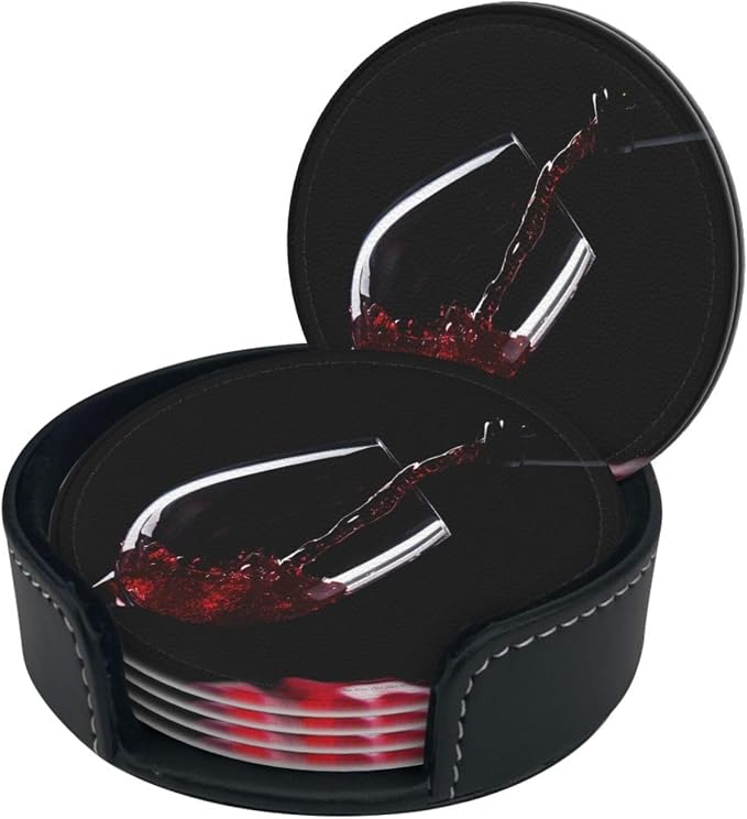6 Pcs Red Wine Glass Splash Arts Leather Coasters - Image 3