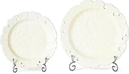 KAMMAK Ceramic Decorative Plate Set of 2, Porcelain Plates for Kitchen Dining Room Wine Cabinet Home Decor, Vintage Collector Plates with 2 Display Stand, Cream-White Leaves (8-inch + 10-inch)