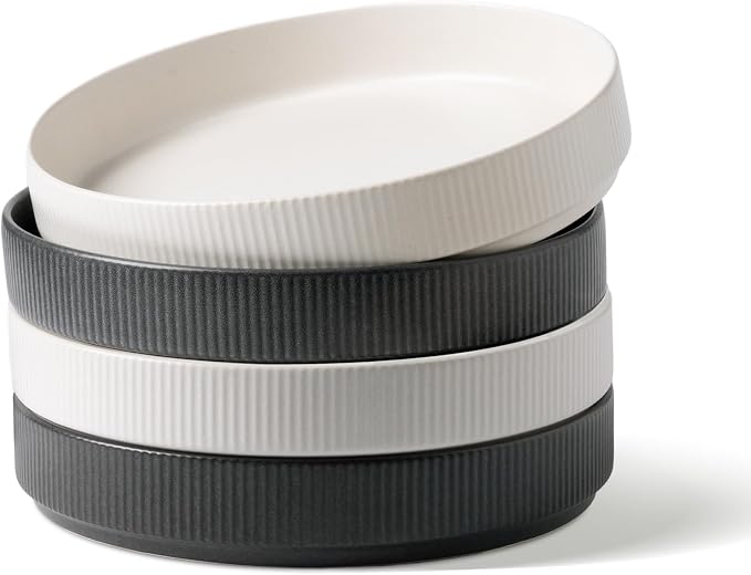 famiware Star 8.25" Pasta Bowls Set of 4, Bowl Plate, Dark Charcoal & White | by Famiware
