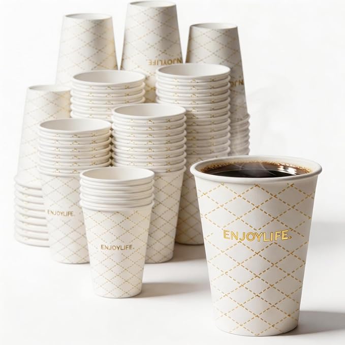 MOUMOULIFE Disposable Paper Coffee Cups 12 oz 300 Count, Leak-Proof Gold Gilded by moumoulife