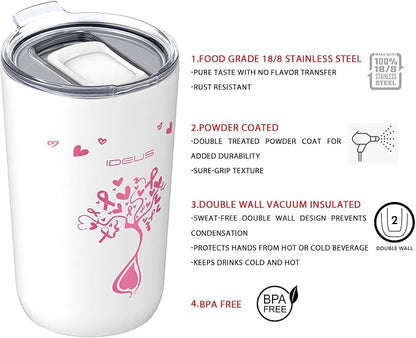 Ideus 20 oz Tumbler, Travel Coffee Mug with Splash Proof Sliding Lid, Double Wall Stainless Steel Vacuum Insulated Coffee Mug for Home and Office, Keep Beverages Hot or Cold, Pink Ribbon