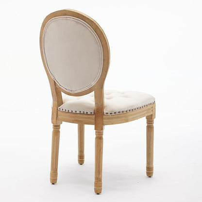 Ball & Cast French Vintage Upholstered Dining Chairs Set of 2, Button Tufted Kitchen Side-Chairs with Carved Antique Wood Frame & Nailhead Trims, 2-Piece Curved Backrest Louis Chair, Velvet Beige