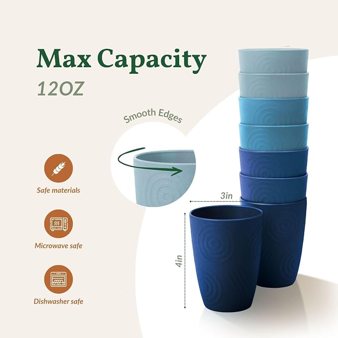 Homienly Wheat Straw Cups Set of 8, 12oz Drinking Cups, Plastic Cups Reusable - Image 3