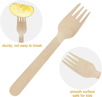 100 Pack Disposable Wooden Forks – 6.2 Inch Splinter-Free Birch Cutlery – Sturdy Natural Wood Utensils for Weddings, BBQ, Parties & Camping – Smooth Unwaxed Alternative to Plastic