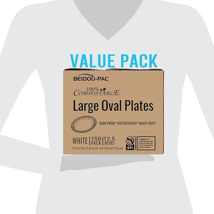 Compostable Heavy Duty Disposable Oval Paper Plates, 150 Count | 12.5 Inch | Natural Bagasse, Biodegradable Eco-Friendly Sugarcane BBQ, Party, Gathering, Picnic White Sugarcane Tray