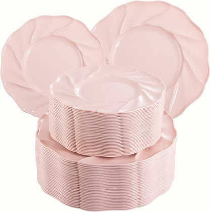 Morejoy Pink Plastic Plates 60PCS for Party, Disposable Plates, Includes 30PCS Dinner Plates, 30PCS Dessert Plates, Perfect for Wedding, Shower, Valentine's Day