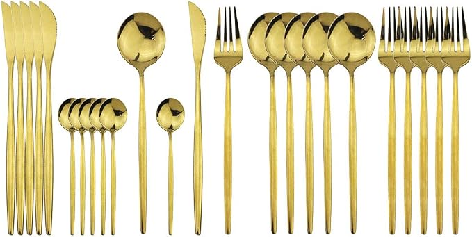 JASHII Stainless Steel Titanium Plated Golden Flatware Set 24 Piece, Flatware by JASHII