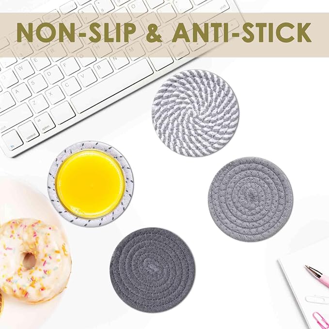 Drink Coasters 8 Pack with Holder, 4-Color Cotton Woven Absorbent Coasters Set - Image 5