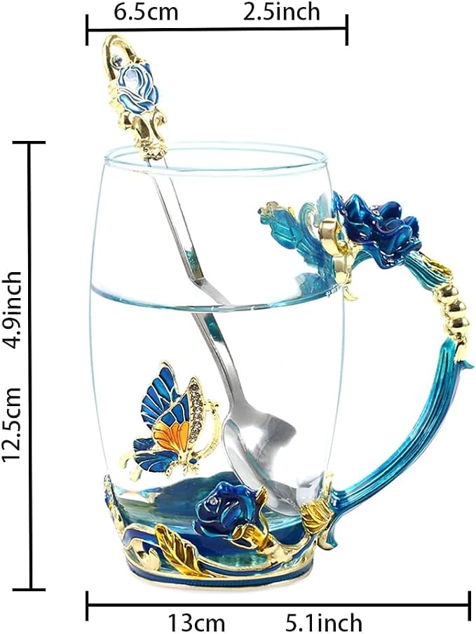 Birthday Gifts For Women, Butterfly Flower Glass Tea Cup Sky Blue Rose Coffee - Image 8