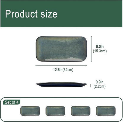 Serving Platters Set of 4, Rectangular Serving Plates, Serving Trays for Entertaining Party, Microwave,Oven,Dishwasher Safe,Kitchen Dinnerware, Blue reactive glaze 12.7 Inch