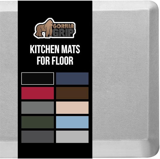 GORILLA GRIP Comfortable Cushioned Kitchen Mats for Floor, 48x20, Waterproof and Stain Resistant Soft Top, 3/4 Inch Thick Ergonomic Standing Desk Anti Fatigue Mat, Foam Supports Feet, Light Gray