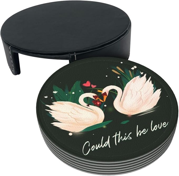 Drink Coasters with Holder Stand Set of 6, Swan Pu Leather Absorbent Coasters - Image 9