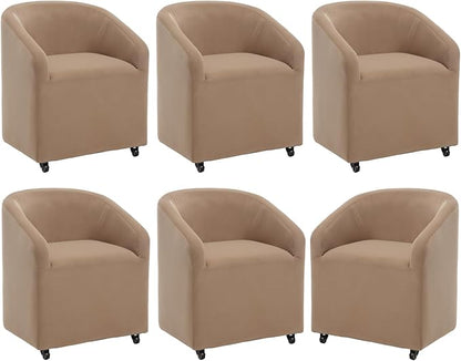 Modern Barrel Dining Chairs with Rolling Casters Set of 6, Upholstered Velvet Swivel Dining Room Chairs with Wheels for Kitchen Living Room Home Office, Khaki