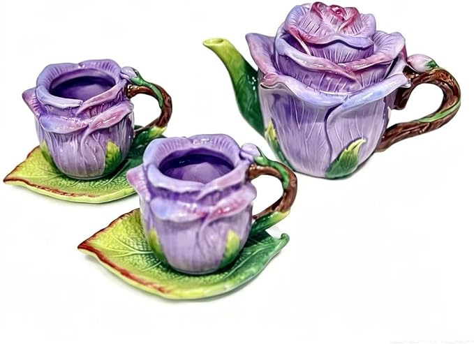 Ceramic Rose Tea Pot Set, 3D Hand-painted Rose Flower Cup and Green Leaves by Minigift