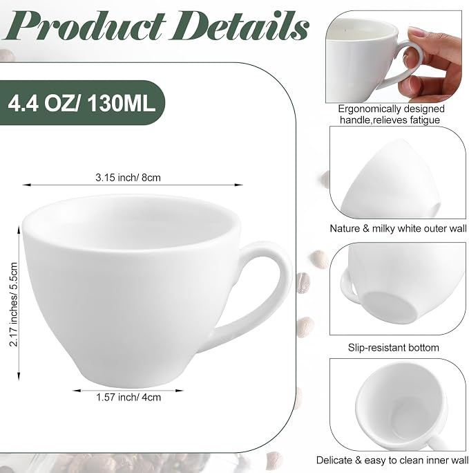 Reallnaive 16 Pieces 4.4 oz Porcelain Espresso Cups Set White 130ml Durable - Image 2