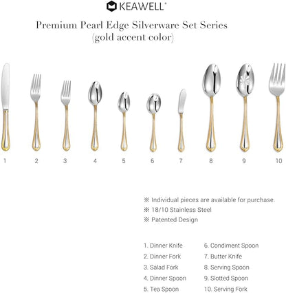 KEAWELL Pearl Edge Premium 45-Piece Refined Bead Silverware Set, 18/10 Stainless Steel, Service for 8, Fine Flatware Set with Serving Utensils, Dishwasher Safe (45, Gold Accent)