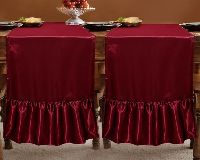 2 Pack Burgundy Satin Table Runner 12 x 72 Inch | Ruffle Design, Luxurious - Image 3