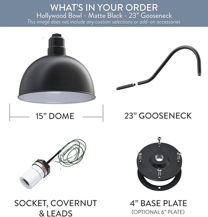 Steel Lighting Co. Hollywood Bowl Light | Outdoor Wall Mounted | 15 inch Bowl Dome | 23 inch Gooseneck | Barn Light Made in America | Matte Black Exterior/White Interior