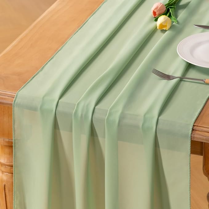 Sage Green Chiffon Table Runner Summer Boho Wedding Birthday Party Decor | 14ft by Socomi