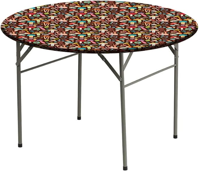 Round Tablecloth, Mushrooms Tablecloth for Side Table, Attractive Various Cartoon Leaves and Mushrooms Graphic, Fit Round Tables 44inch Diameter, for Dining Room/Party/Banquet Decoration, Brown