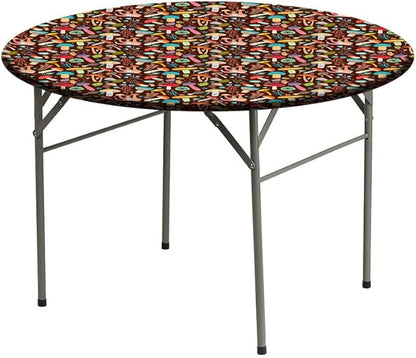 Small Round Tablecloth, Mushrooms Washable Polyester Table Cloth for, Attractive Various Cartoon Leaves and Mushrooms Graphic, Fit Round Tables 32inch Diameter, for Xmas/Parties/Home, Brown