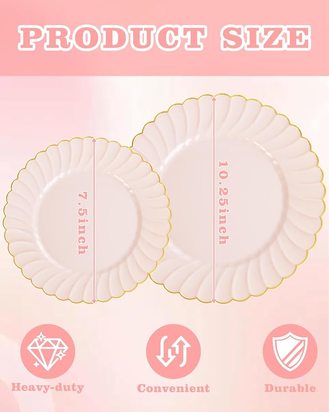 YOUBET 100PCS Pink and Gold Scalloped Plastic Plates - Image 2