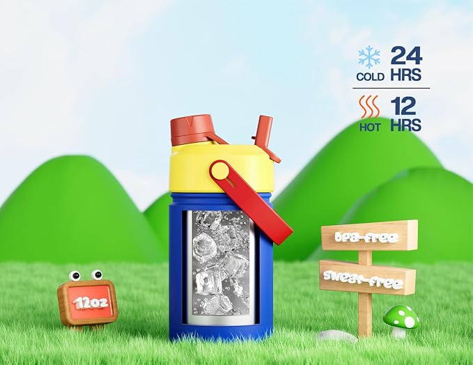12 oz Insulated Water Bottle for Kids: 2-in-1 Straw Spout Lid, Spill-proof - Image 3