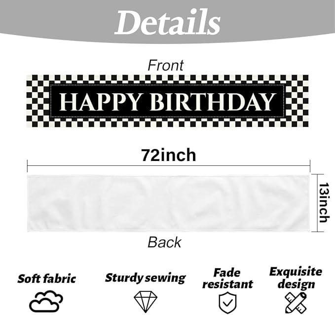 Happy Birthday Table Runner Black Checkerboard Checkerboard Racing Theme | - Image 6