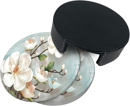 6 Pcs Spring White Blossom Magnolia Flowers Leather Coasters - Image 5