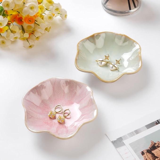 2PCS Lotus Leaf Shape Ring Holder Dish, Small Key Bowl, Ceramic Trinket Tray - Image 2