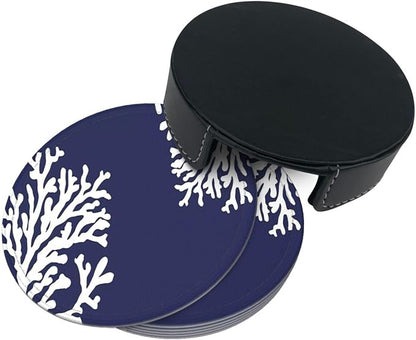6 Pcs Coral Navy Blue Nautical Coastal Ocean Theme Marine Leather Coasters - Image 5