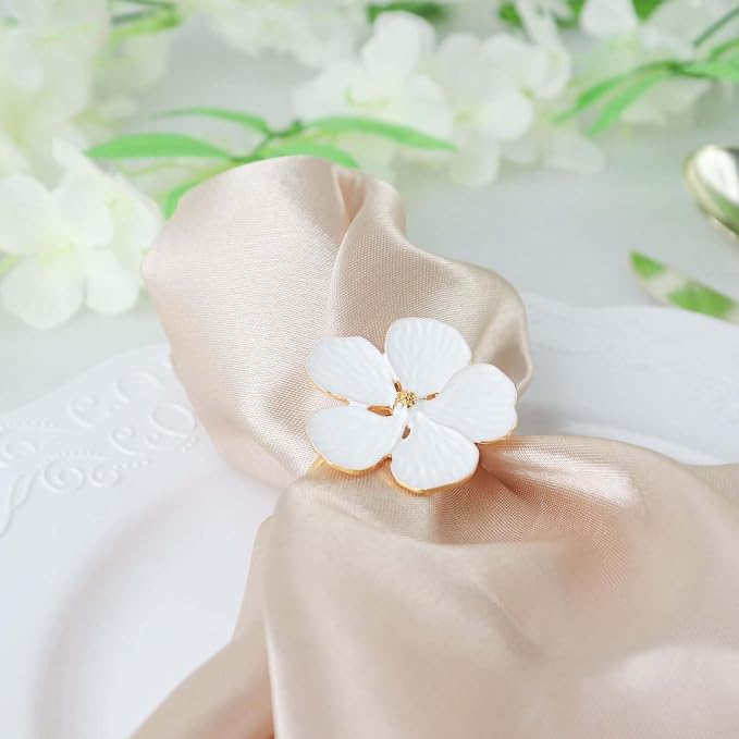 Efavormart 4 Pack | White & Gold Metal Flower Napkin Rings, Floral Serviette - Image 8