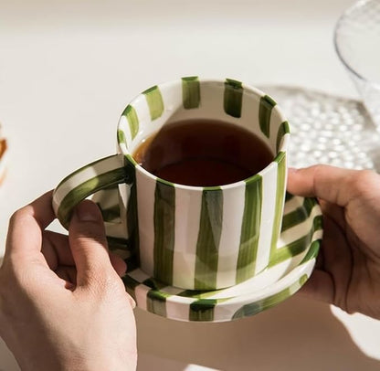 Cup and Saucer Set Hand-Painted Green Stripes, 8 Oz Ceramic Coffee Mug - Image 9