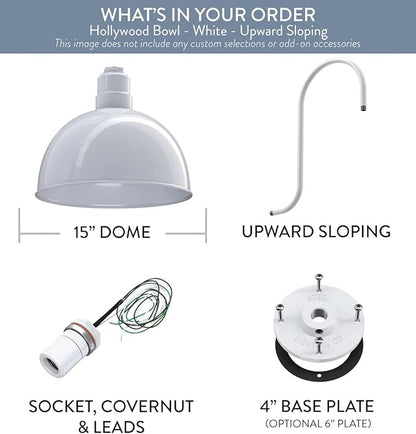 Steel Lighting Co. Hollywood Bowl Light | Outdoor Wall Mounted | 15 inch Bowl Dome | Upslope Gooseneck | Barn Light Made in America | White Exterior/White Interior