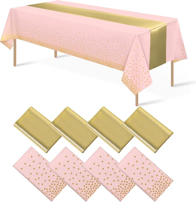 8Pack Disposable Plastic Tablecloths and Satin Table Runner Set Pink and Gold by MASHAN