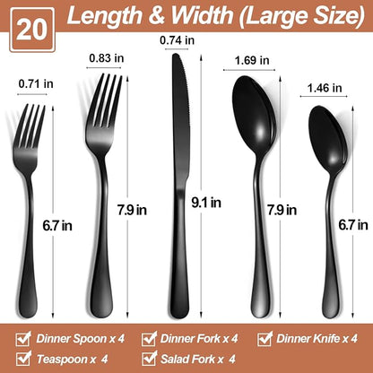 20 Pcs Black Silverware Set for 4, Food Grade Stainless Steel Flatware Set - Image 2