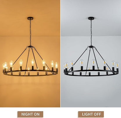 16-Light Wagon Wheel Chandelier, 40 inch Farmhouse Wagon Wheel Chandeliers, Black Round Rustic Pendant Lights, Industrial Ceiling Light Fixtures for Dining Room Living Room Bedroom Kitchen Entryway