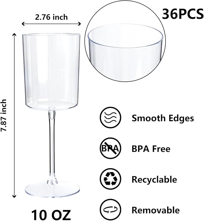 YOUBET 36Pack Plastic Wine Glasses - 10 oz Clear Disposable Wine Cups | Square - Image 2