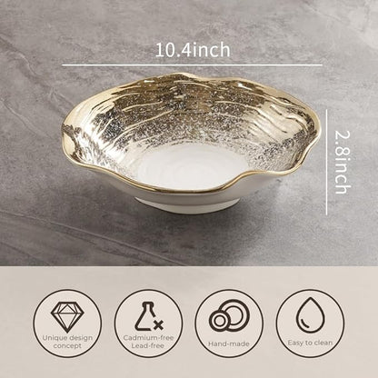 Handmade Ceramic Pasta Bowl 10.4 Inch, Wave Edge Gold Rim Soup Bowl, Set of 4 Reinforced Porcelain Bowls, 1kg Each, Dishwasher Safe Dinner Bowls