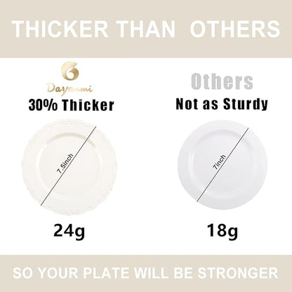 DaYammi 60PCS Ivory Plastic Plates, Party Plates Disposable Heavy Duty Disposable Plates Premium 7.5inch Ivory Dessert Cake Salad Appetizer Plate Hard Plastic Platos Disposable for Party Wedding